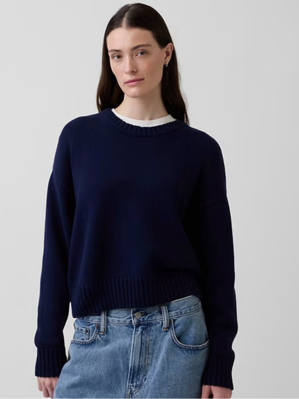 GAP Dark Navy Nautical Cotton Knit Preppy 24/7 Crewneck Split Hem Chunky Sweater